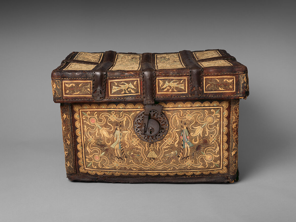 Chest (petaca), Unknown artists, Rattan structure covered with leather, embroidered with agave fiber and lined with fabric; forged, chased and openwork iron lock and hardware, New Spain (Mexico) 