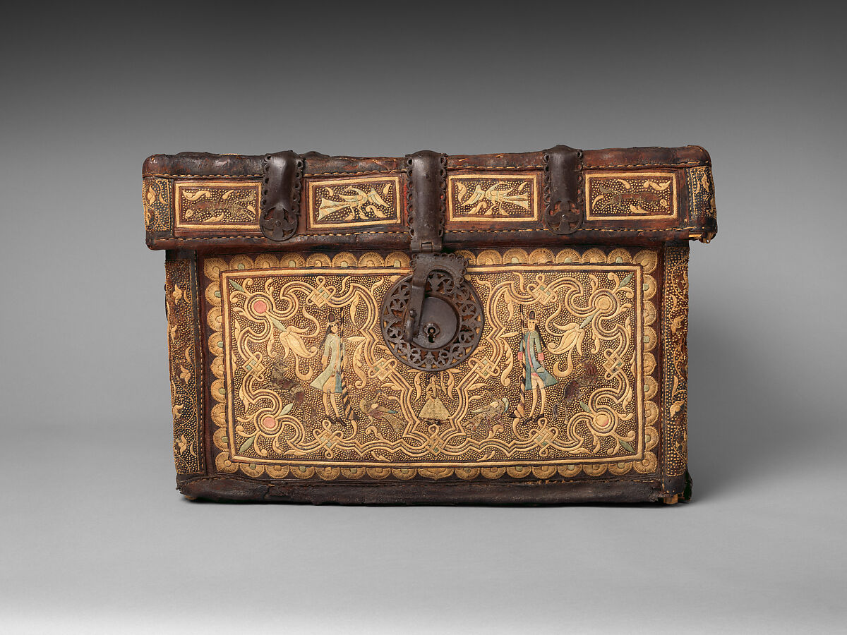 Chest (petaca), Unknown artists, Rattan structure covered with leather, embroidered with agave fiber and lined with fabric; forged, chased and openwork iron lock and hardware, New Spain (Mexico)