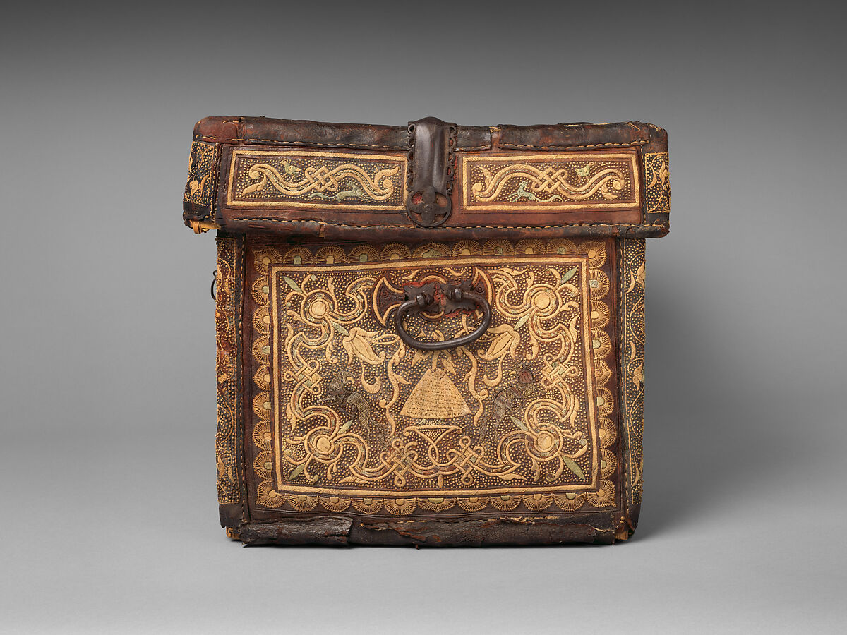 Chest (petaca), Unknown artists, Rattan structure covered with leather, embroidered with agave fiber and lined with fabric; forged, chased and openwork iron lock and hardware, New Spain (Mexico)