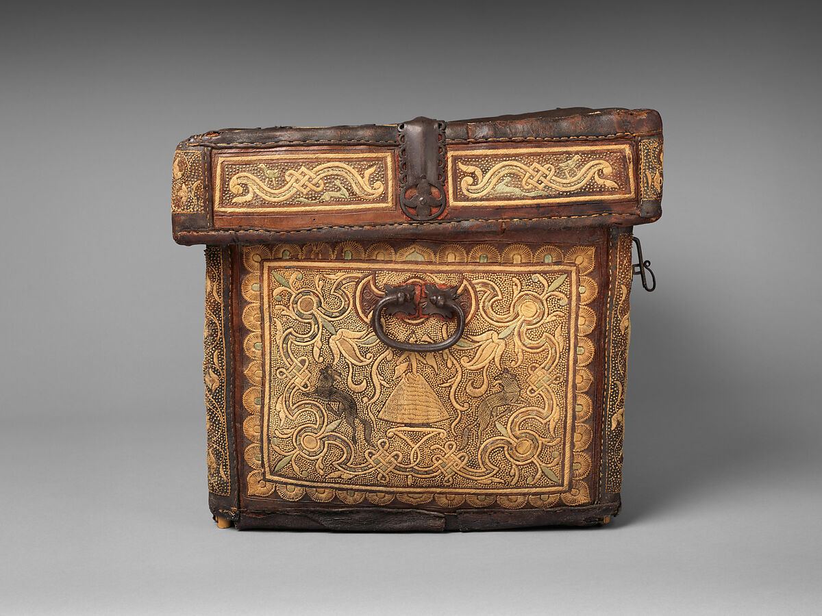 Chest (petaca), Unknown artists, Rattan structure covered with leather, embroidered with agave fiber and lined with fabric; forged, chased and openwork iron lock and hardware, New Spain (Mexico)
