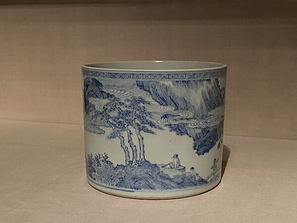 Brush pot with decoration of landscape and poem by Du Fu (712–770), Porcelain painted in underglaze cobalt blue (Jingdezhen ware), China