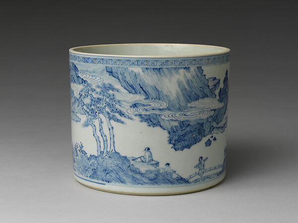 Brush pot with decoration of landscape and poem by Du Fu (712–770), Porcelain painted in underglaze cobalt blue (Jingdezhen ware), China