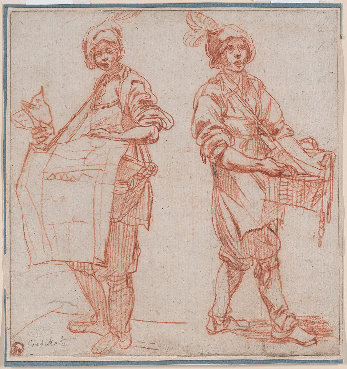 Two Street Criers, Pierre Brebiette (French, Mantes-sur-Seine ca. 1598–1642 Paris), Red chalk over a sketch in black chalk 