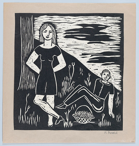 Picnic in a park, Herman Arnold, Linocut 