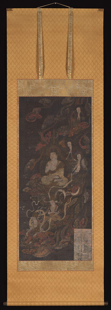 Welcoming Descent of Amida, the Buddha of Infinite Light, and His Holy Retinue, Unidentified artist  , Japanese, Hanging scroll; ink, color, gold, and cut gold leaf (kirikane) on silk, Japan