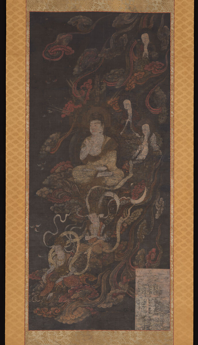 Welcoming Descent of Amida, the Buddha of Infinite Light, and His Holy Retinue, Unidentified artist  , Japanese, Hanging scroll; ink, color, gold, and cut gold leaf (kirikane) on silk, Japan 