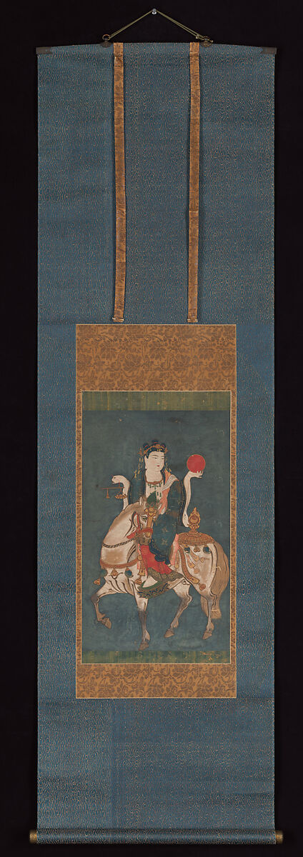 Memyō Bosatsu (Ashvaghosha Bodhisattva) Mounted on a Horse, Unidentified Artist, Hanging scroll; ink, color and gold on paper, Japan