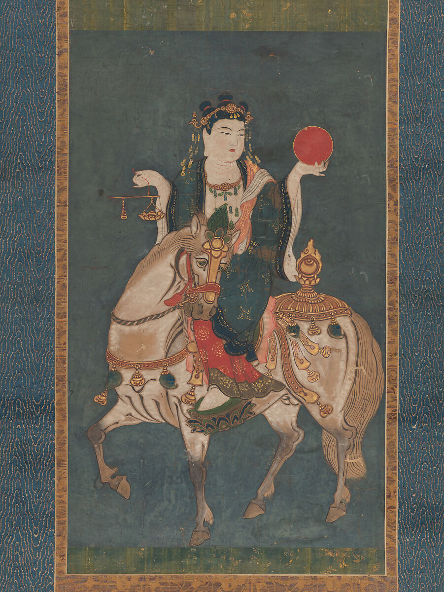 Memyō Bosatsu (Ashvaghosha Bodhisattva) Mounted on a Horse, Unidentified Artist, Hanging scroll; ink, color and gold on paper, Japan