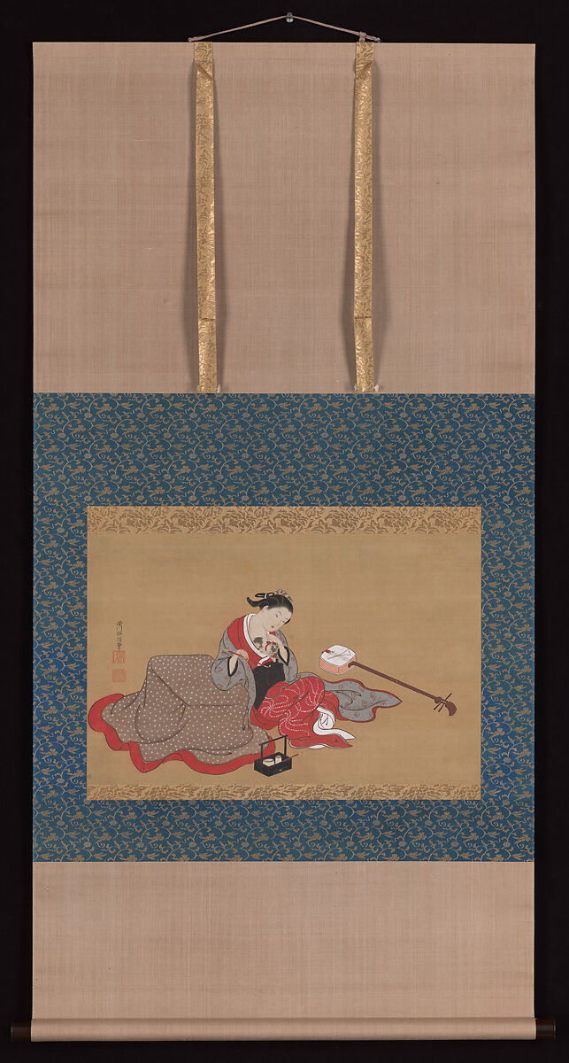 Courtesan with a Kitten, Nishikawa Sukenobu 西川祐信 (Japanese, 1671–1750), Hanging scroll; ink, color, and gold on silk, Japan