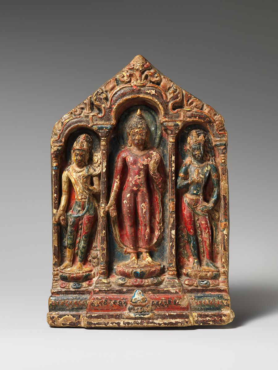 Buddha with Bodhisattvas Padmapani and Vajrapani, Fired clay, molded and polychromed , Tibet 