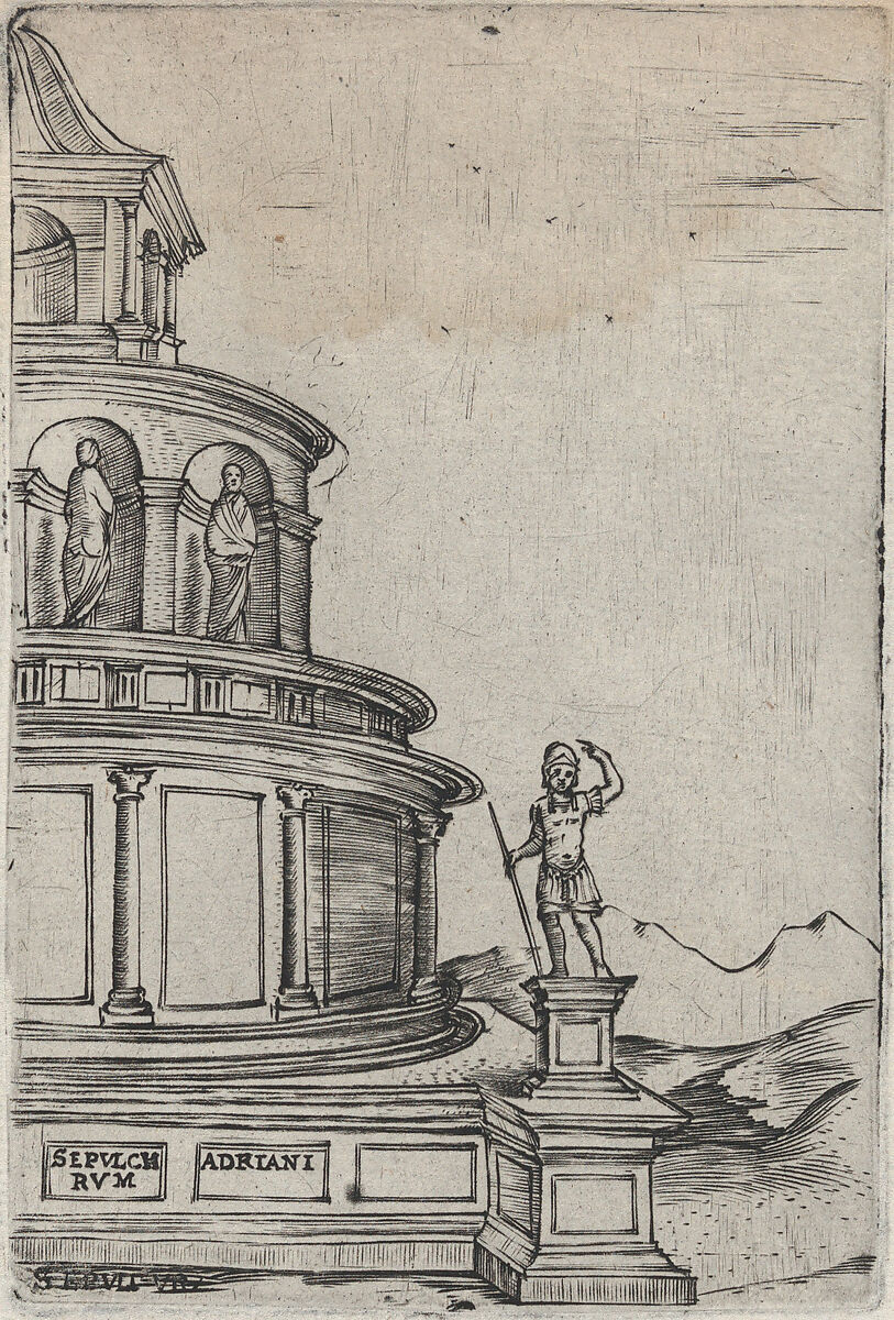 Sepulchrum (sic) Adriani, from a Series of 24 Depicting (Reconstructed) Buildings from Roman Antiquity, Anonymous, Italian, 16th century, Engraving 