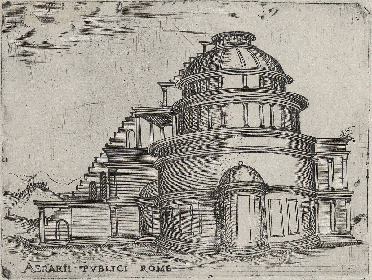 Aerarii Publici Rome, from a Series of 24 Depicting (Reconstructed) Buildings from Roman Antiquity, Anonymous, Italian, 16th century, Engraving 