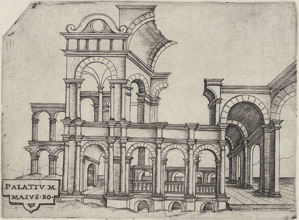Palatium Maius Ro, from a Series of 24 Depicting (Reconstructed) Buildings from Roman Antiquity, Anonymous, Italian, 16th century, Engraving 