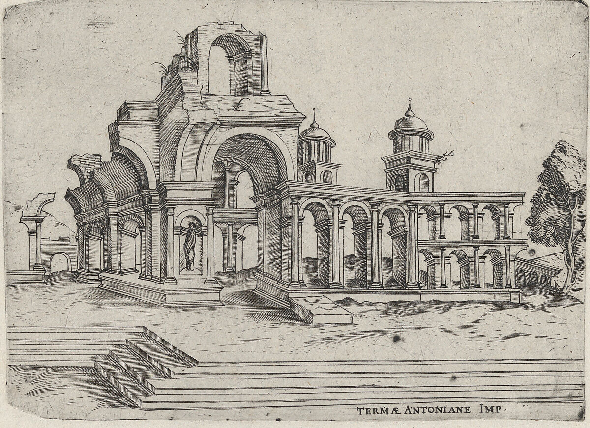 Termae Antoniane Imp. [formerly Palatium Se Lugduni], from a Series of 24 Depicting (Reconstructed) Buildings from Roman Antiquity, Anonymous, Italian, 16th century, Engraving 