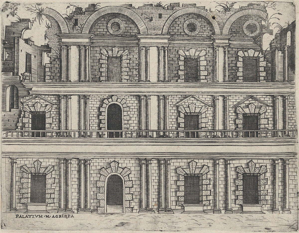 Palatium M. Agrippa, from a Series of 24 Depicting (Reconstructed) Buildings from Roman Antiquity, Anonymous, Italian, 16th century, Engraving 