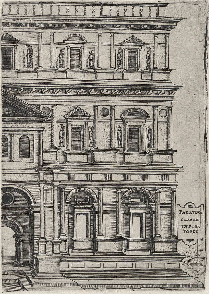 Palatium Claudie Imperatoris, from a Series of 24 Depicting (Reconstructed) Buildings from Roman Antiquity, Anonymous, Italian, 16th century, Engraving 