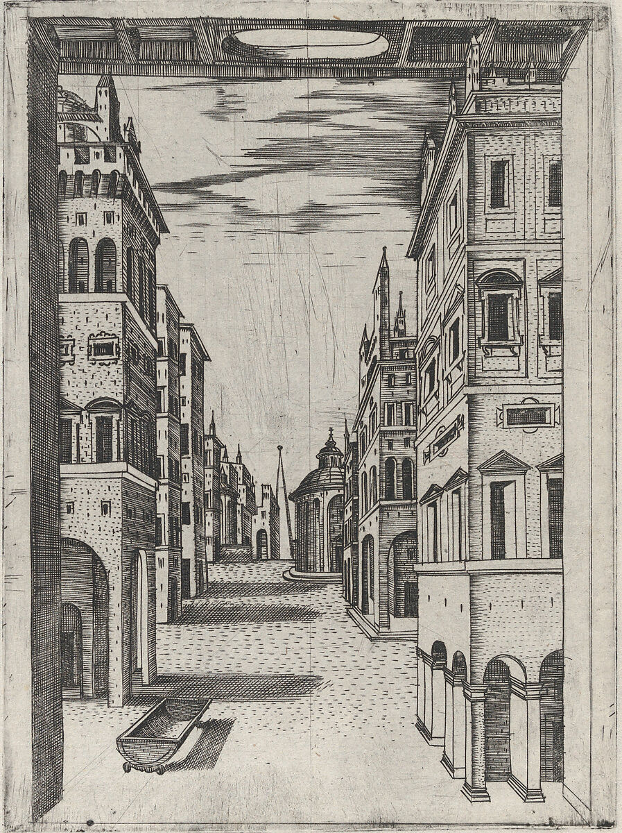 Design for a Stage Set Depicting a Perspectival View of an Ideal Renaissance City, Anonymous, Italian, 16th century, Engraving 