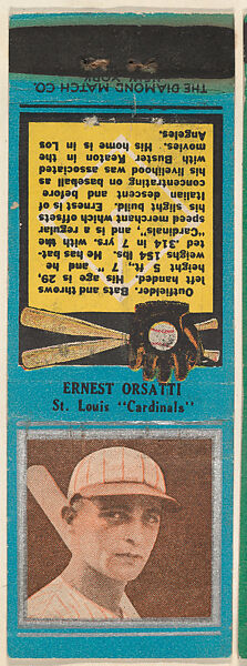 Ernest Orsatti, St. Louis Cardinals, from the Baseball Players Match Cover design series (U1) issued by Diamond Match Company, The Diamond Match Company, Printed matchbook 