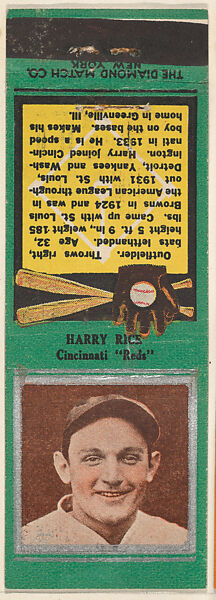 Harry Rice, Cincinnati Reds, from the Baseball Players Match Cover design series (U1) issued by Diamond Match Company, The Diamond Match Company (American, founded 1881), Printed matchbook 
