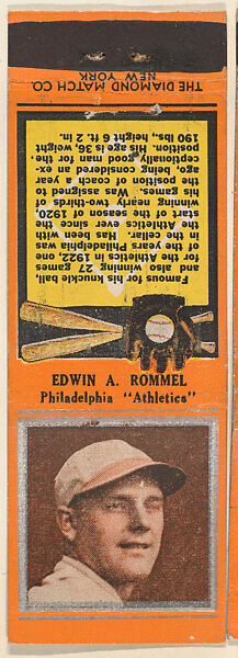 Edwin A. Rommel, Philadelphia Athletics, from the Baseball Players Match Cover design series (U1) issued by Diamond Match Company, The Diamond Match Company (American, founded 1881), Printed matchbook 