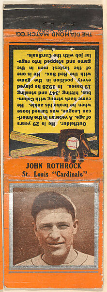 John Rothrock, St. Louis Cardinals, from the Baseball Players Match Cover design series (U1) issued by Diamond Match Company, The Diamond Match Company (American, founded 1881), Printed matchbook 