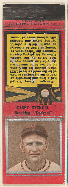 Casey Stengel, Brooklyn Dodgers, from the Baseball Players Match Cover design series (U1) issued by Diamond Match Company, The Diamond Match Company, Printed matchbook 