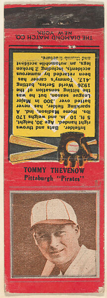 Tommy Thevenow, Pittsburgh Pirates, from the Baseball Players Match Cover design series (U1) issued by Diamond Match Company, The Diamond Match Company (American, founded 1881), Printed matchbook 