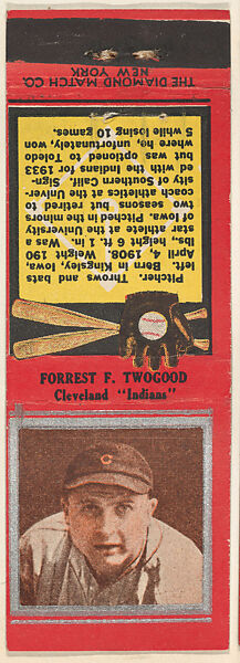 Forrest F. Twogood, Cleveland Indians, from the Baseball Players Match Cover design series (U1) issued by Diamond Match Company, The Diamond Match Company, Printed matchbook 