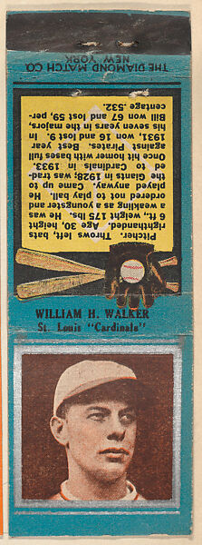 William H. Walker, St. Louis Cardinals, from the Baseball Players Match Cover design series (U1) issued by Diamond Match Company, The Diamond Match Company, Printed matchbook 