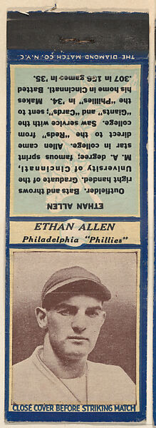 Ethan Allen, Philadelphia Phillies, from the Baseball Players Match Cover design series (U3) issued by Diamond Match Company, The Diamond Match Company, Printed matchbook 