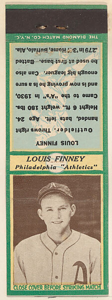 Louis Finney, Philadelphia Athletics, from the Baseball Players Match Cover design series (U3) issued by Diamond Match Company, The Diamond Match Company, Printed matchbook 