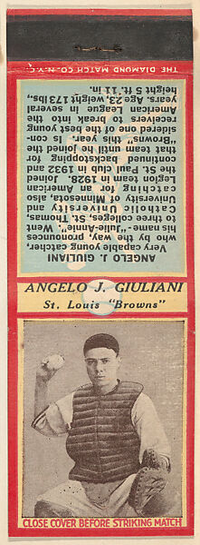 Angelo J. Giuliani, St. Louis Browns, from the Baseball Players Match Cover design series (U3) issued by Diamond Match Company, The Diamond Match Company, Printed matchbook 