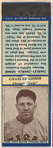 Charles Grimm, Chicago Cubs, from the Baseball Players Match Cover design series (U3) issued by Diamond Match Company, The Diamond Match Company, Printed matchbook 