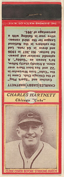 Charles Hartnett, Chicago Cubs, from the Baseball Players Match Cover design series (U3) issued by Diamond Match Company, The Diamond Match Company (American, founded 1881), Printed matchbook 