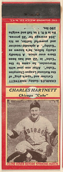 Charles Hartnett, Chicago Cubs, from the Baseball Players Match Cover design series (U3) issued by Diamond Match Company, The Diamond Match Company, Printed matchbook 