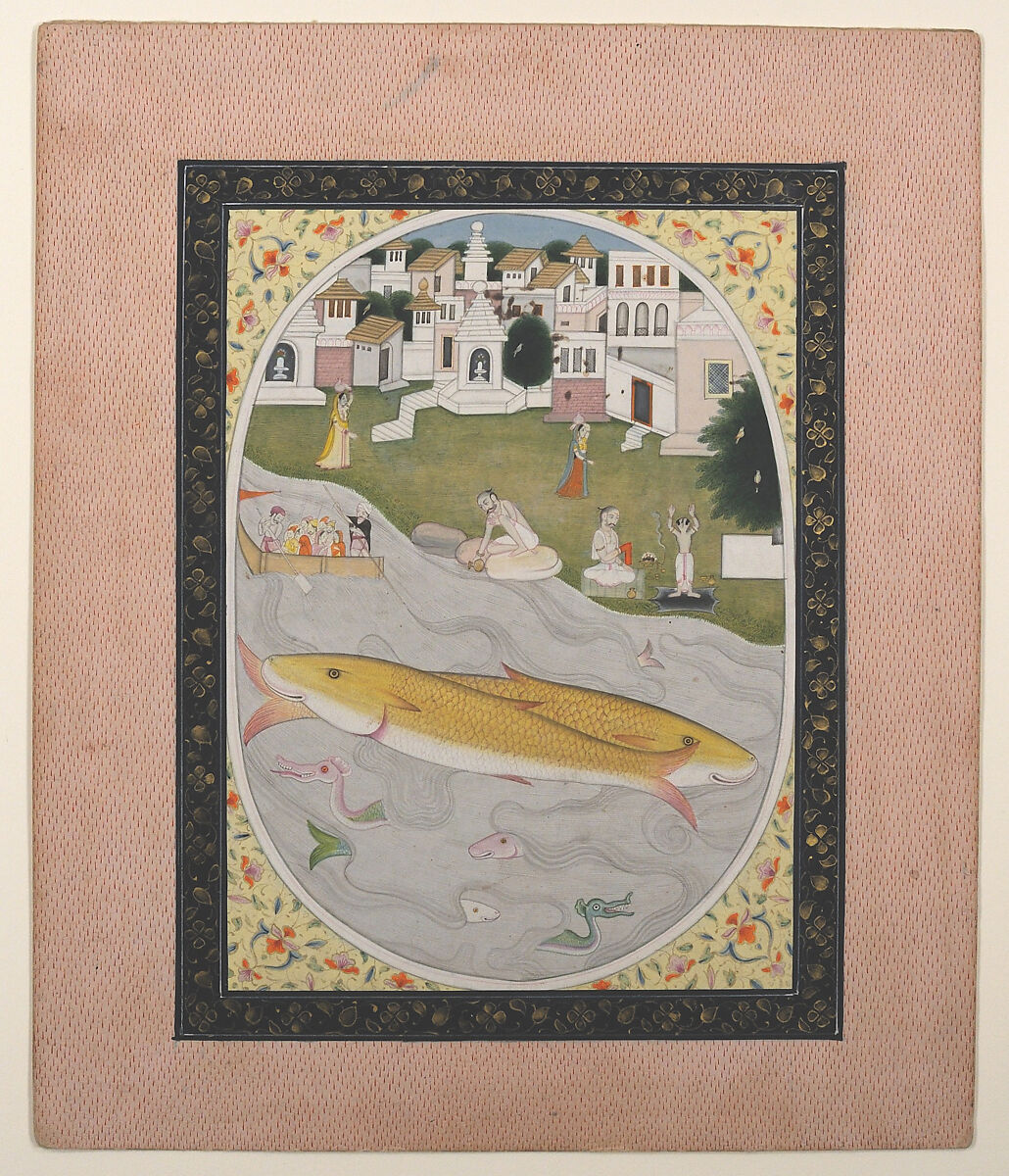 Manuscript Painting with Hindu Tantric Scene Depicting Two Fish, Ink and opaque watercolor on paper, India (Punjab Hills, Kangra) 