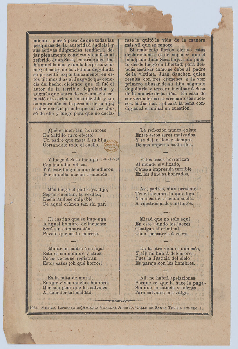 Broadsheet relating to a young girl who was beheaded while her father Tomás Sánchez left her at home alone, José Guadalupe Posada (Mexican, Aguascalientes 1852–1913 Mexico City), Zincograph and letterpress on tan paper