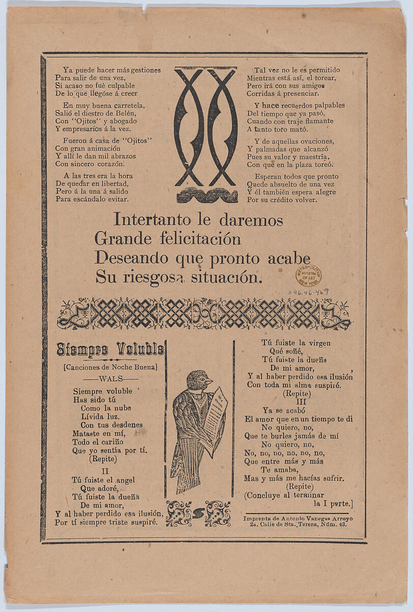 Broadsheet relating to the skillful bullfighter Rodolfo Gaona, José Guadalupe Posada (Mexican, Aguascalientes 1852–1913 Mexico City), Zincograph and letterpress on tan paper