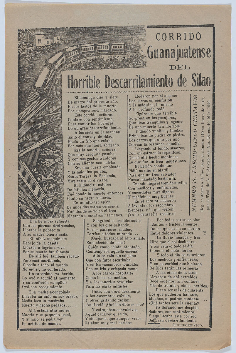 Broadsheet relating to a train accident in Guanajuatense and the many fatalities, José Guadalupe Posada (Mexican, Aguascalientes 1852–1913 Mexico City), Type-metal engraving and letterpress on green paper 