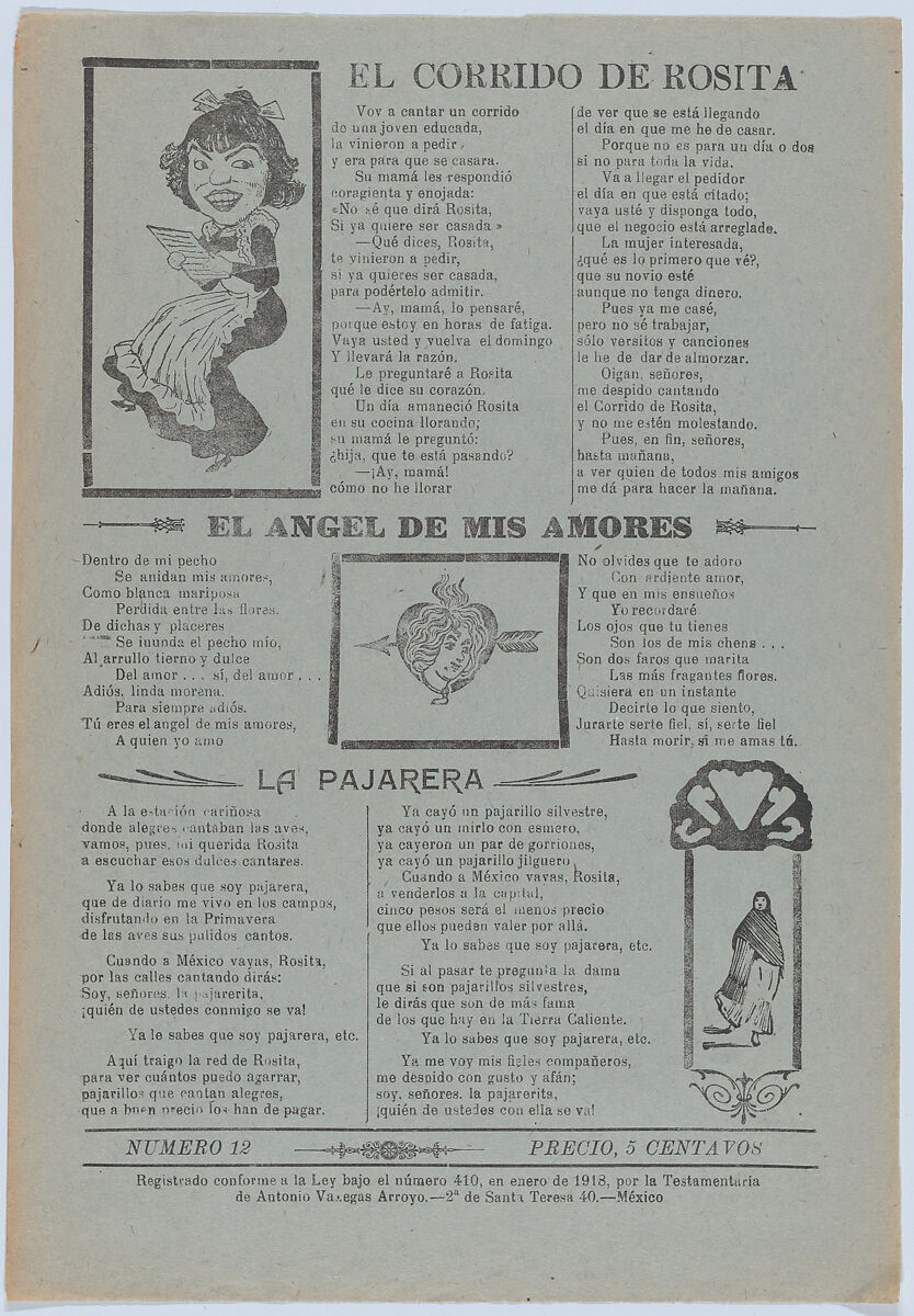 José Guadalupe Posada, Broadsheet featuring three love ballads with  vignettes showing a woman reading, a woman's head in a heart pierced by an  arrow and a woman walking