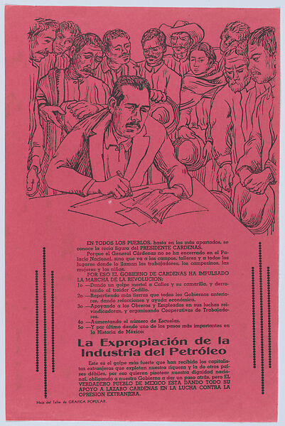 Flyer relating to the expropriation of oil resources from foreign companies, Lázaro Cárdenas signing documents designed to repel the intrusive interests, Alfredo Zalce (Mexican, Pátzcuaro, Michoacán 1908–2003 Morelia), Linocut and letterpress on pink paper 