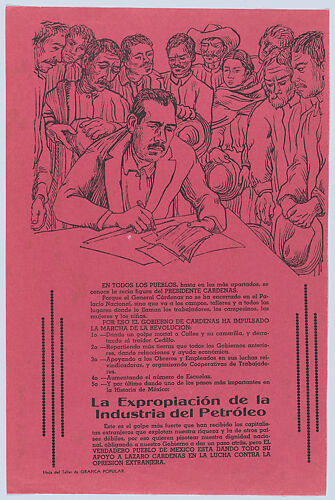 Flyer relating to the expropriation of oil resources from foreign companies, Lázaro Cárdenas signing documents designed to repel the intrusive interests