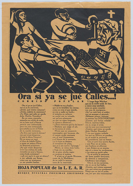 Corrido (ballad) issued by the 'Liga de Escritores y Artistas Revolucionares' (LEAR) with an image of Plutarco Elías Calles being dragged from his bed, José Chávez Morado (Mexican, 1909–2002), Linocut and letterpress on tan paper 