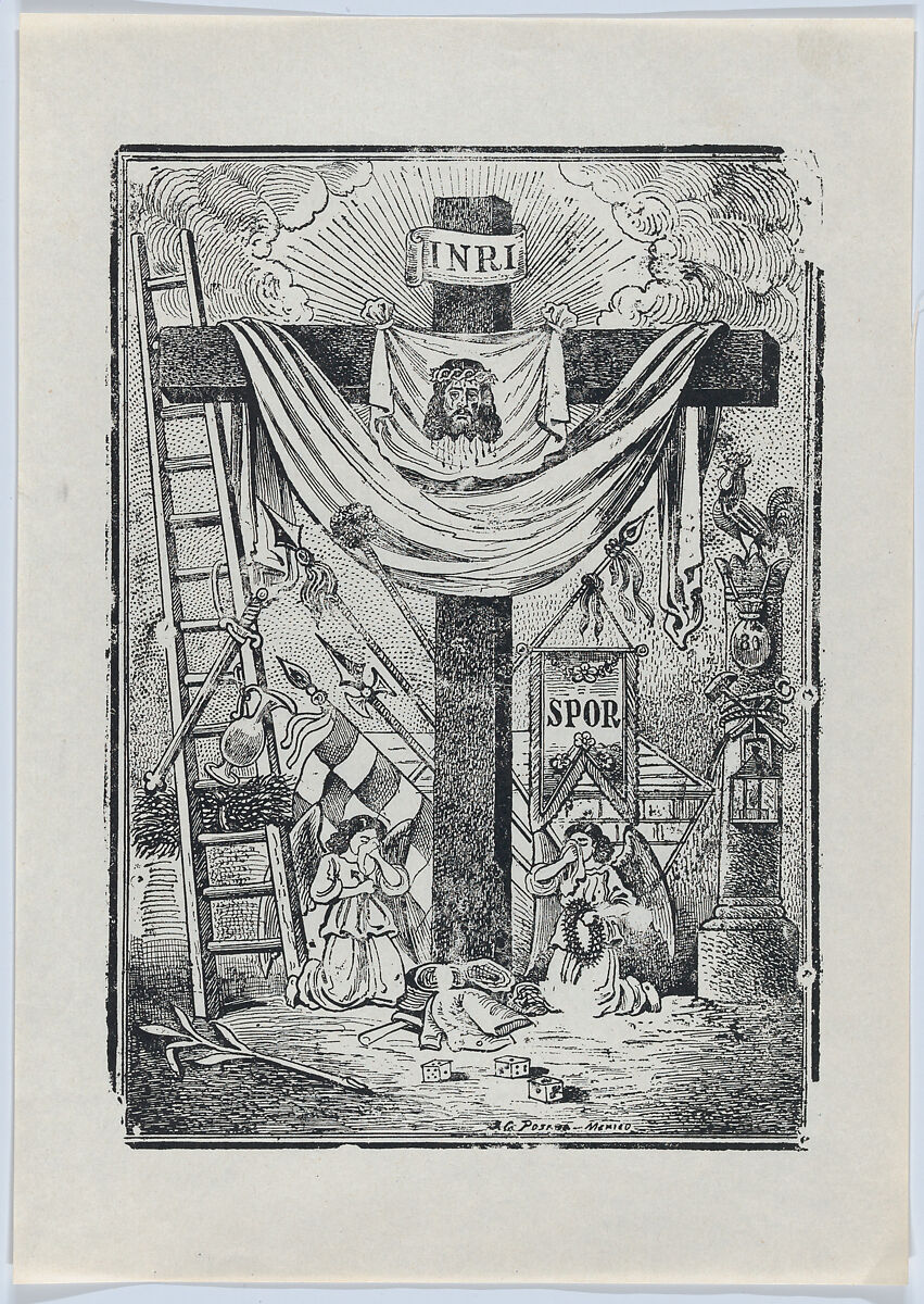 The cross decorated with instruments of the passion of Christ, two weeping angels below, José Guadalupe Posada (Mexican, Aguascalientes 1852–1913 Mexico City), Zincograph (photomechanical reproduction?) 