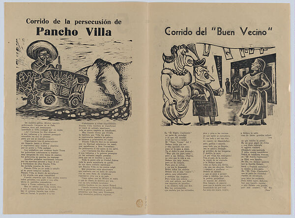 Four hesitant corridos (ballads) printed on the one sheet, two on each side addressing the subject of unwanted American intervention in Mexico; ballad of the persecution of Pancho Villa - (image by Escobedo); ballad of the good neighbour - (image by Chávez Morado); ballad regarding the expropriation of foreign petroleum companies - (image by Zalce); ballad on the eclipse of the peso - (image by Chávez Morado), José Chávez Morado (Mexican, 1909–2002), Linocut and letterpress on buff paper