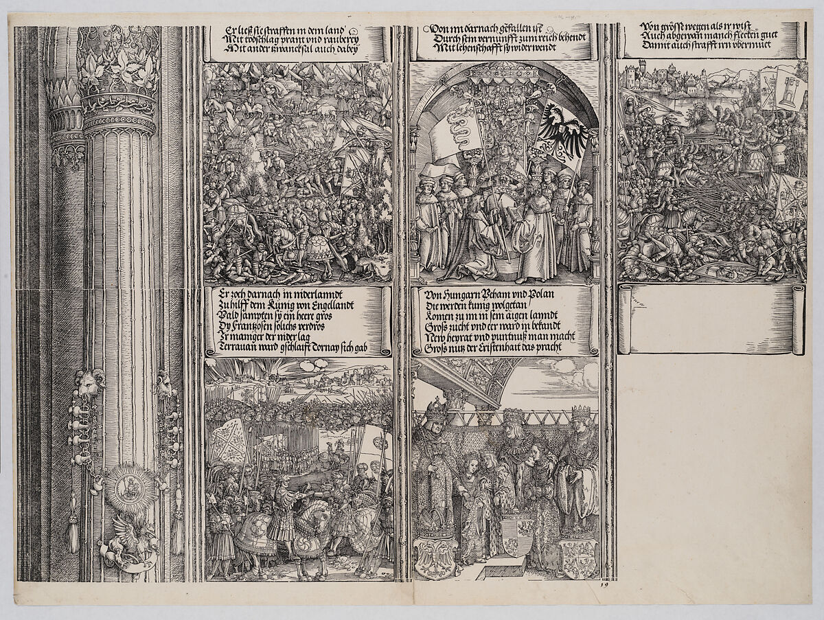 Maximilian's Alliance with Henry VIII; The Double Wedding in Vienna; The Campaign in Gelderland; The Investiture of Massimiliano Sforza as Duke of Milan; and The Venetian War, from the Arch of Honor, proof, dated 1515, printed 1517-18, Albrecht Dürer (German, Nuremberg 1471–1528 Nuremberg), Woodcut and letterpress 