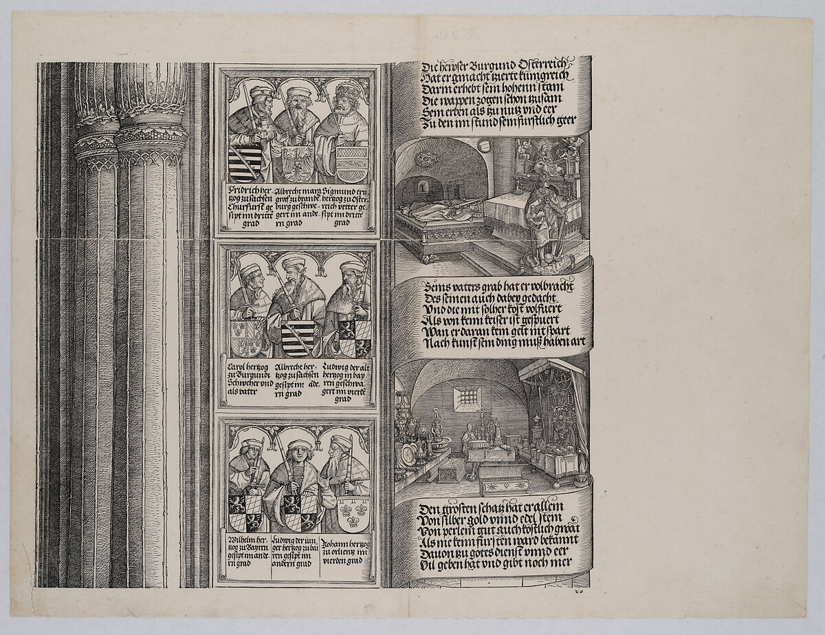 The Tomb Erected by Maximilian for His Father; and The Imperial Treasure; with Portraits of Maximilian's Ancestors and Relatives, from the Arch of Honor, proof, dated 1515, printed 1517-18, Albrecht Dürer (German, Nuremberg 1471–1528 Nuremberg), Woodcut and letterpress 