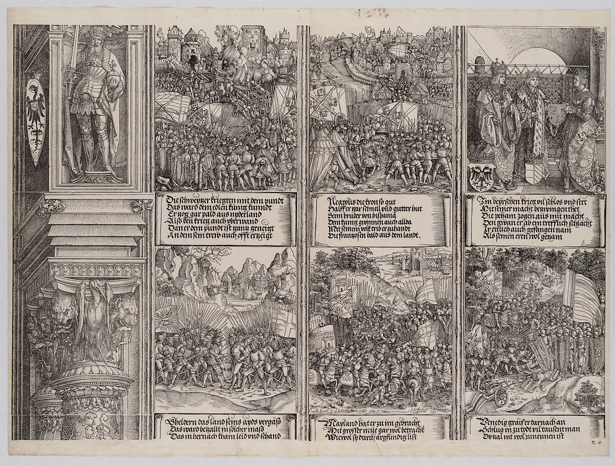 The Marriage of Philip the Fair to Joanna of Austria; Maximilian Recaptures the Occupied Territories from Hungary; The Conquest of Hungary; The Swiss War; The Liberation of Naples; and The Battle of Wenzenberg, from the Arch of Honor, proof, dated 1515, printed 1517-18, Albrecht Dürer (German, Nuremberg 1471–1528 Nuremberg), Woodcut and letterpress 