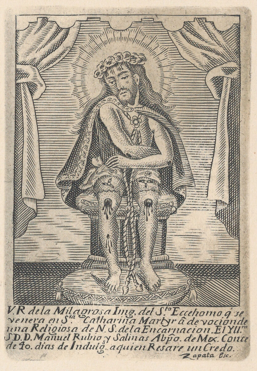 'Ecce Homo' Christ seated, crowned, his wounds showing, Anonymous, Mexican, Engraving 