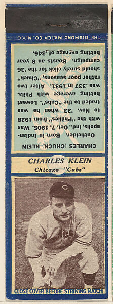 Charles Klein, Chicago Cubs, from the Baseball Players Match Cover design series (U3) issued by Diamond Match Company, The Diamond Match Company, Printed matchbook 